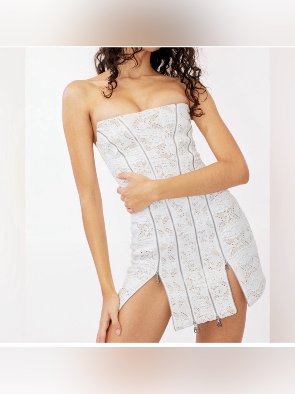 WITH JEAN Mirabel Strapless White Lace Mini Dress with Front Zippers size XXS